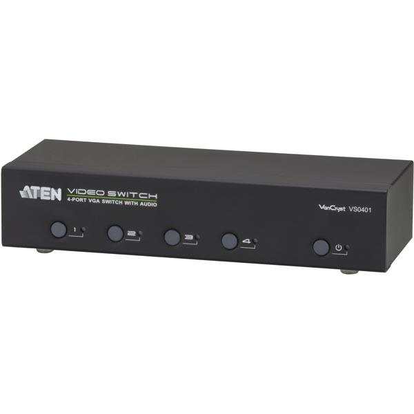 ATEN VS0401 VGA-Switch, VGA-kytkin 4 tietokonetta 1 näytölle, 1x HD-15 na, 4x HD-15 ur, 5x 3,5mm stereo, RS232, musta