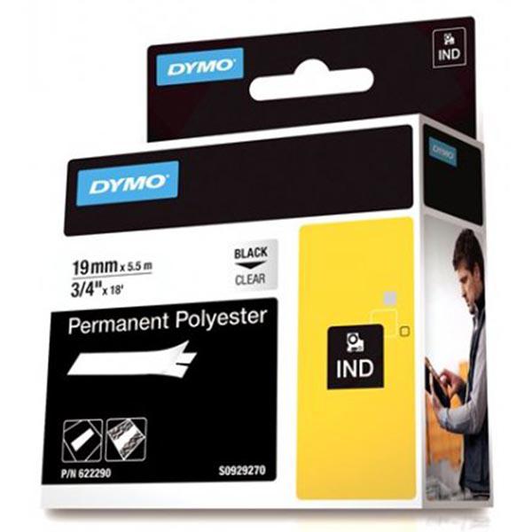 DYMO Rhino Professional, pysyvä polyesteriteippi, 19mm, musta teksti läpinäkyvällä teipillä, 5,5m
