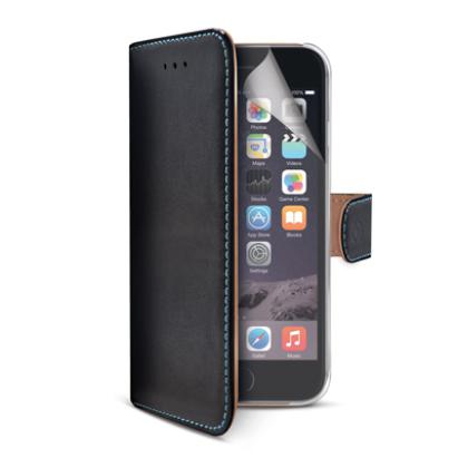 Celly Pelle Wallet Lompakkokotelo Aitoa Nahkaa, Musta. iPhone 6 Plus 5.5" Sisältää näyttösuojakalvon.