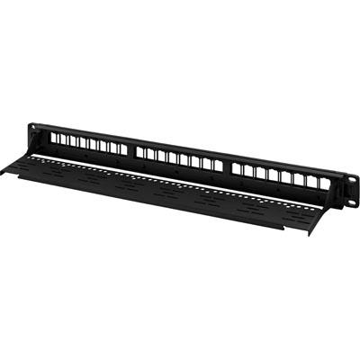 TP kytkentäpaneeli, 24 porttia, ilman liitoksia, kaapelituki, 1U, 19", Keystone, metallia, musta