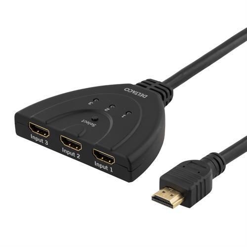 DELTACO HDMI Pigtail Switch, auto/manu HDMI-switch, tre till en, sv