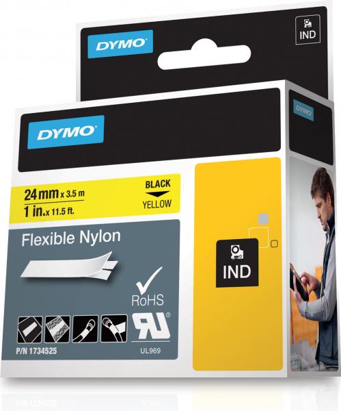 Dymo Rhino Flexible Nylon Tape 24 mm x 3,5 m black to yellow
