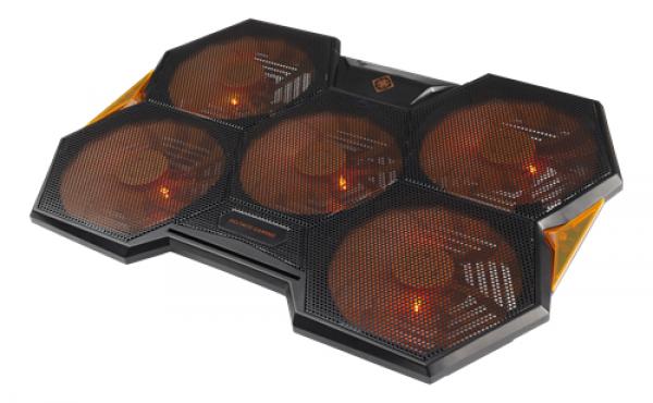 DELTACO GAMING jäähdytysalusta, 1000 - 1300 rpm, 5 x 140 mm tuuletinta, 2 x USB-A, 2 asentoa, musta/oranssi