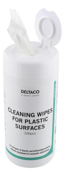 DELTACO muovipintojen puhdistusliina, pakkauksessa 100 suurikokoista liinaa, alkoholiton, biologisesti hajoava, valkoinen