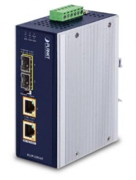 PLANET IGUP-2205AT on teollisuuskäyttöön suunniteltu laajalämpötila mediamuunnin PoE++ Industrial 2-Port 100/1000X