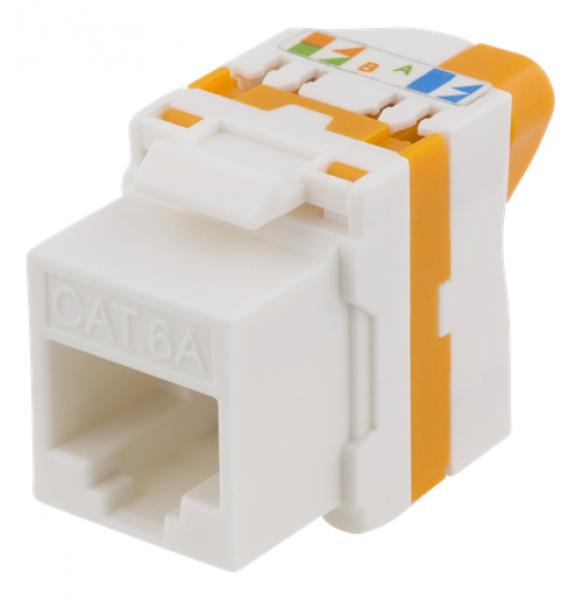 DELTACO Keystone-liitinmoduuli, Cat6a, ilman työkaluja tapahtuva asennus, muovia, valkoinen/oranssi