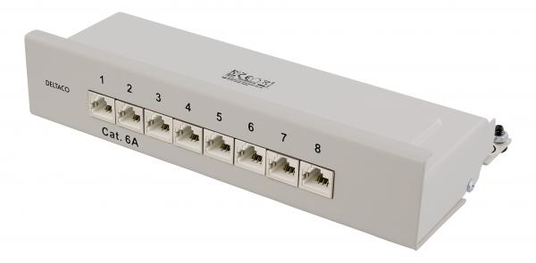 DELTACO kytkentäpaneeli, 8 x RJ45, Cat6a, mahdollista asentaa seinälle, 10 Gbps, Krone-rimat, metallia, harmaa