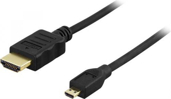 DELTACO Micro HDMI - HDMI kaapeli, 2m HDMI High Speed with Ethernet, 19-pin uros - Micro 19-pin uros, 4K, Ultra HD, Ethernet, musta