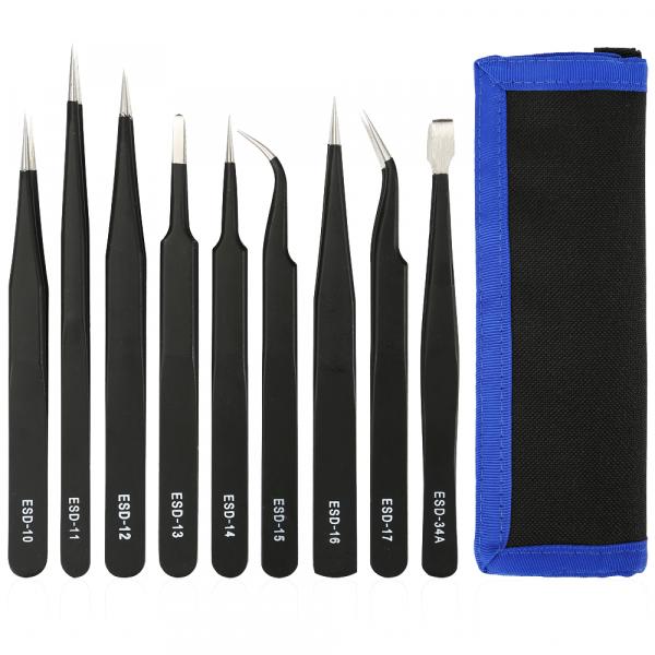 Pinsettisarja, Pinsetit 9 kpl erilaisia ja erikokoisia. Tweezer kit, 9 pieces, ESD, black. Tweezers for multi-purpose repairs. Electrostatic discharge (ESD) tools