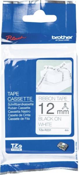 Brother TZe-R231 tekstiilitarranauha 12mm, musta / valkoinen