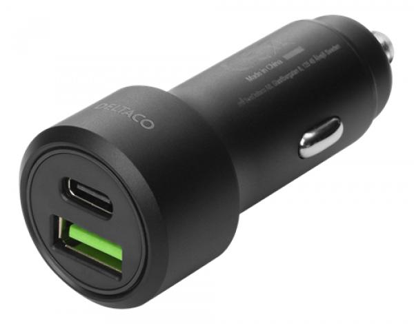 DELTACO USB car charger, 1x USB-C, PD 18 W, 1x USB-A, 18 W, 36W, metal