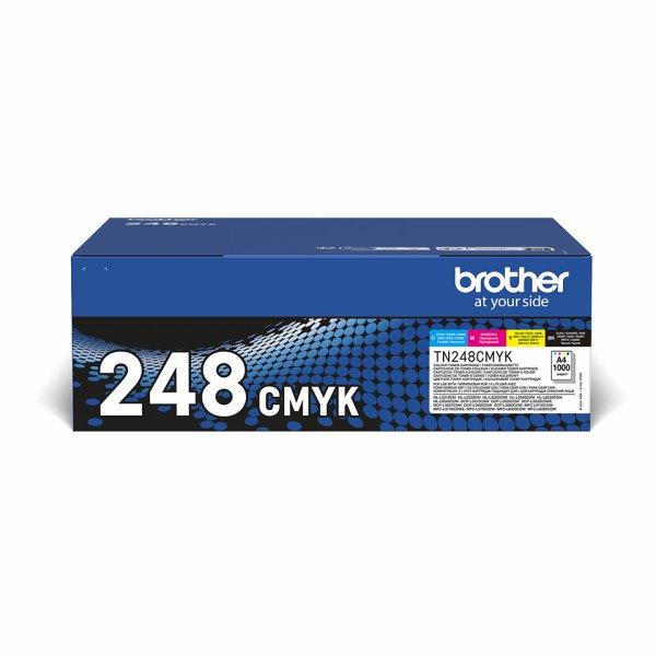 BROTHER TN248CMYK Toner Value Pack, 1000 page black, 1000 page CMY tonersTestattu ISO-standardien mukaisesti, jotta tiukat turvallisuusvaatimukset täyttyvät Jokainen värikasetti tulostaa jopa 1 000 sivua ISO/IEC 19798 -standardin mukaisesti Suunniteltu kä