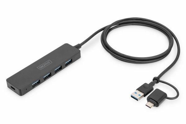 DIGITUS USB 3.0 Hub 4-Port+USB-C Adapter, SlimLine 1,2m Cable