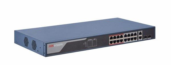 HIKVISION 16 PORT FAST ETHERNET SMART POE SWITCH 16 × 10/100 MBPS POE PORTS, 2 × GIGABIT COMBOS 230W BUDGET