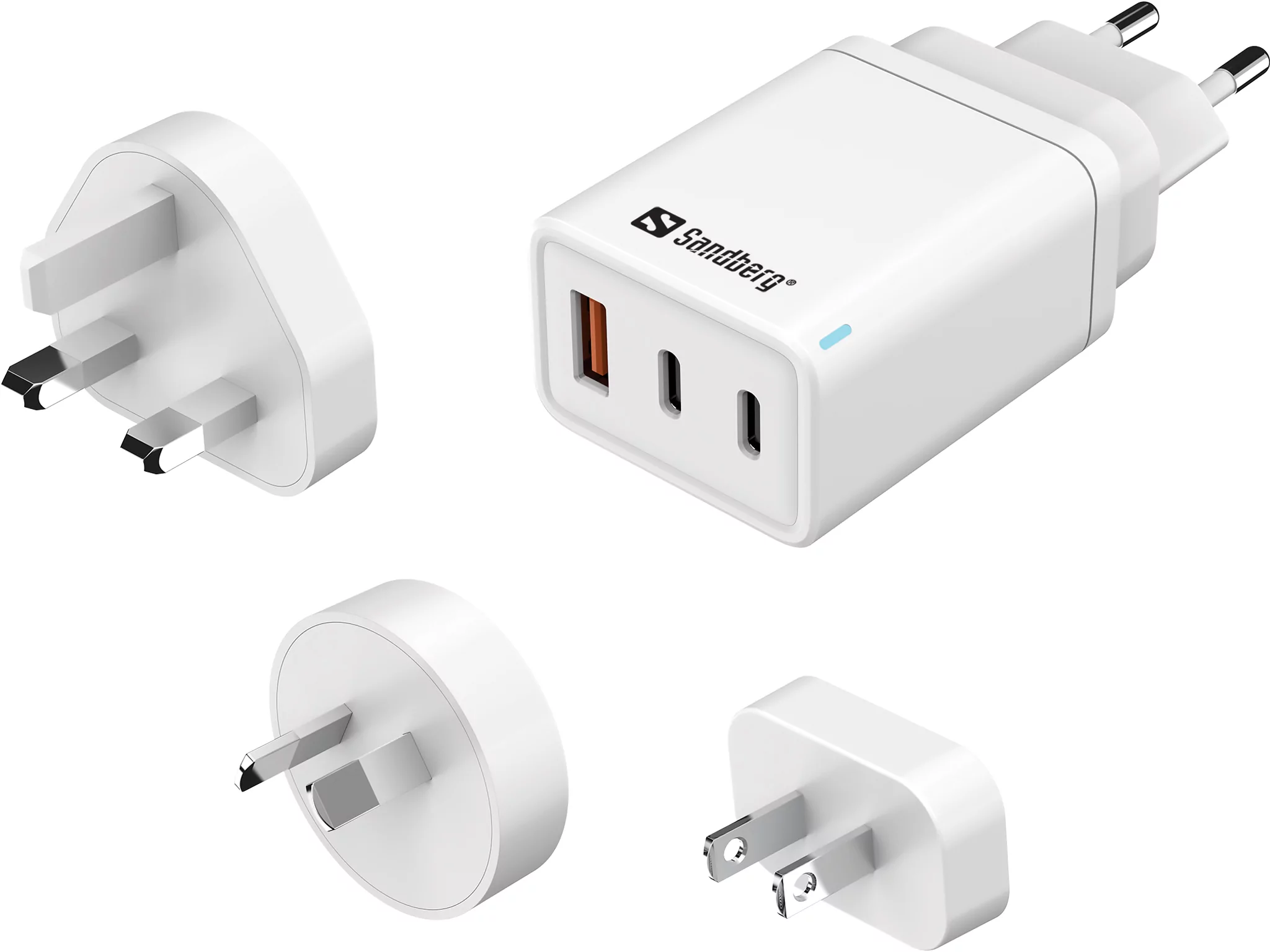 3in1 matkalaturi TravelCharger USB-C/A 65W, useilla virtapistokkeilla (UK, AUS, USA, EURO) varustettu