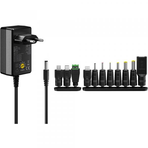 Yleismuuntaja 3V - 12V, Max. 3.6 W, black - incl. 11 adapters 7 DC adapters plus USB-C, USB-