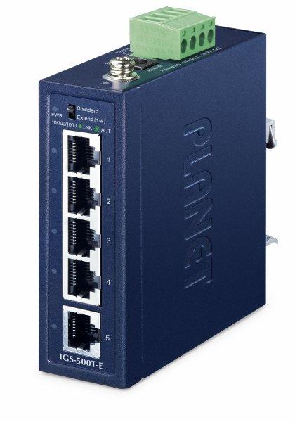 Planet IP40 Compact size 5-Port 10/100/1000T Gigabit Ethernet Switch (-4075 degrees C, redundant power input on dual 1255V DC terminal