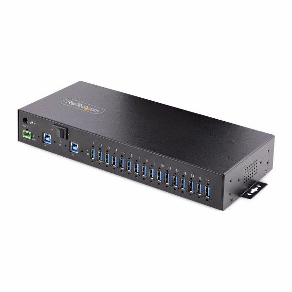 StarTech.com 16-Port Industrial USB 3.0 Hub 5Gbps, Metal, DIN/Surface/Rack Mountable, ESD Protection, Terminal Block Power, up to 120W Shared USB Charging, Dual-Host Hub/Switch (5G16AINDS-USB-A-HUB) Sort