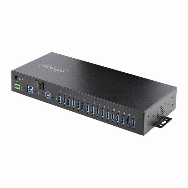 Startech 16-Port Industrial USB 5Gbps Hub with Power Adapter, Metal Enclosure, Mountable, ESD Protection, Terminal Block Power, USB Charging, Dual-Host Switch - TAA - Hub - 16 x USB 3.2 Gen 1 - työpöytä, telineeseen asennettava, DIN-kiskoon kiinnitet