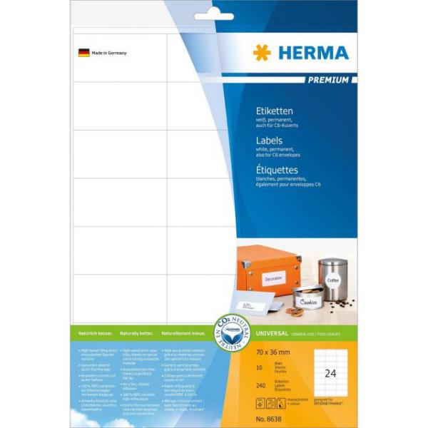 Herma Labels 70x36 white matte 10 sheets DIN A4 240 Pcs. 8638